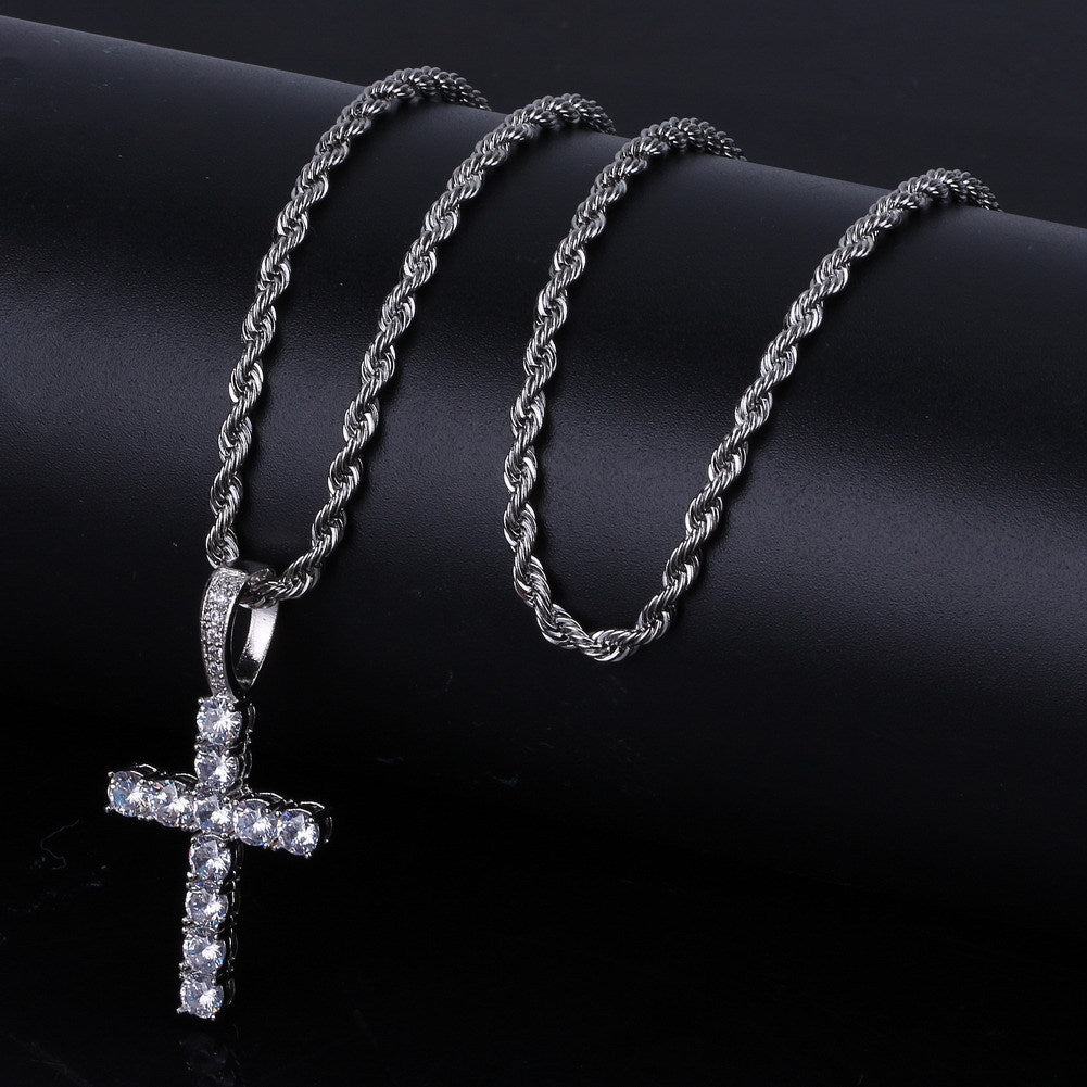 2025 Micro Paved Zircon Hip Hop Anka Key Cross Hip Hop Pendant Necklace
