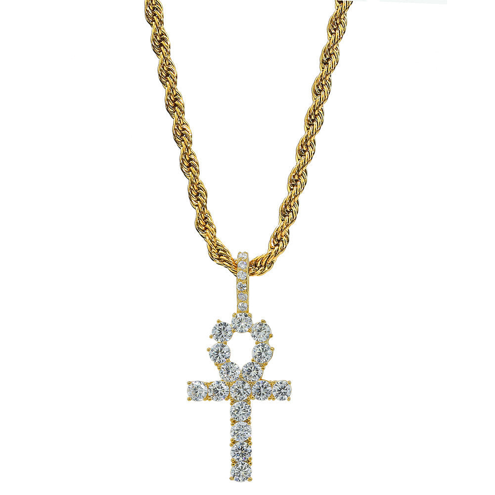 2025 Micro Paved Zircon Hip Hop Anka Key Cross Hip Hop Pendant Necklace