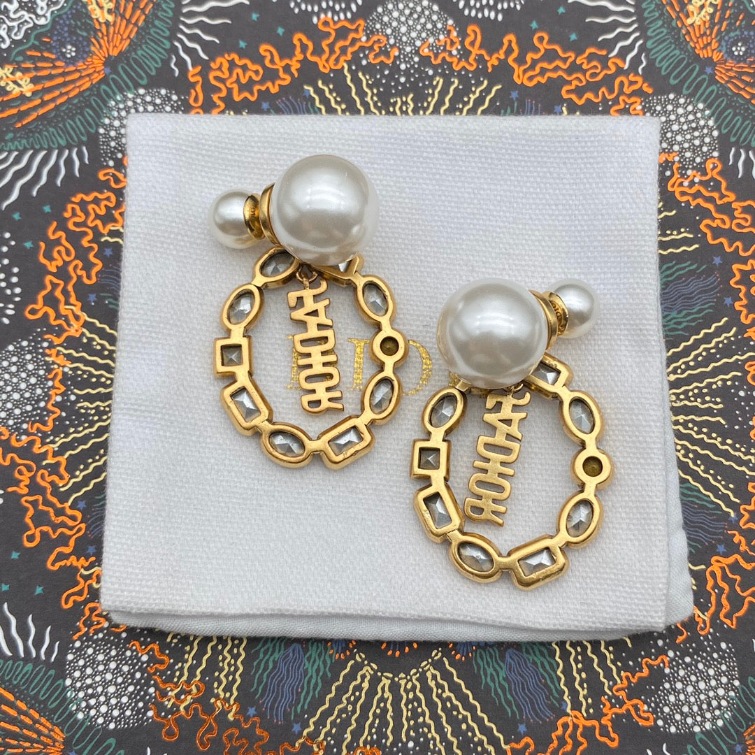 2025 JA Letters Crystal Diamond Pearl Earrings