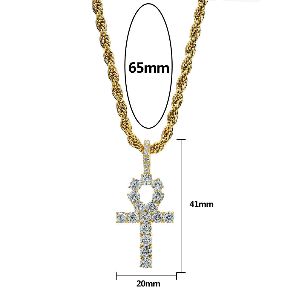 2025 Micro Paved Zircon Hip Hop Anka Key Cross Hip Hop Pendant Necklace