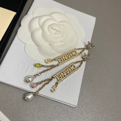 2025 Fashion five-pointed star rhinestone tassel earrings