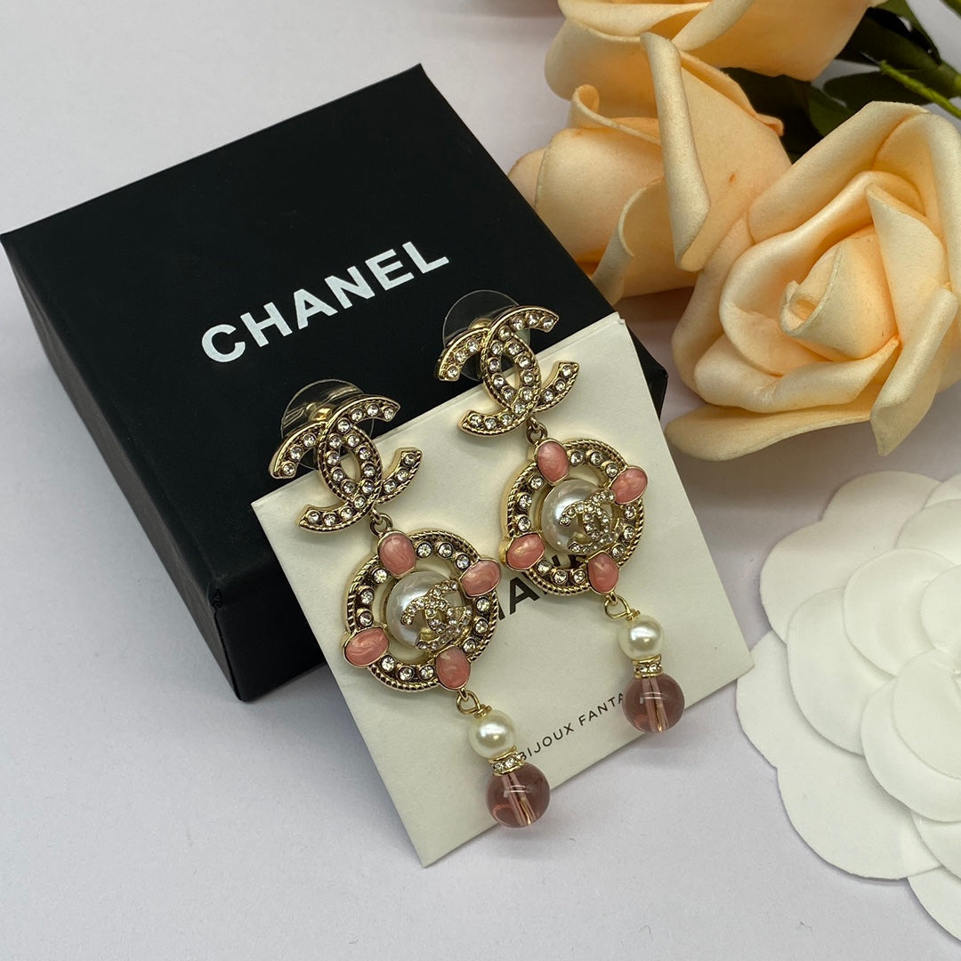2025 Fashion double C rhinestone pearl drop earrings