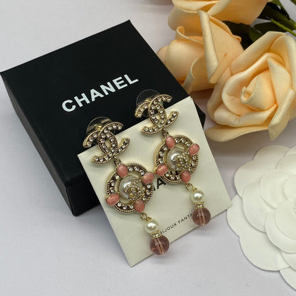 2025 Fashion double C rhinestone pearl drop earrings